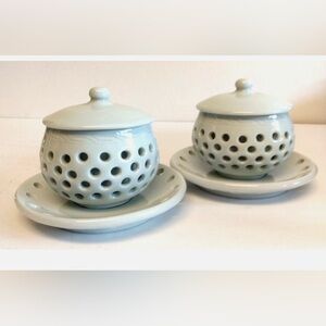 Rare Celadon Lidded Teacups and Saucers
Jingdezhen Linglong Set of 2